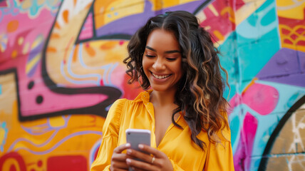 Joyful Woman Using Smartphone by Colorful Graffiti