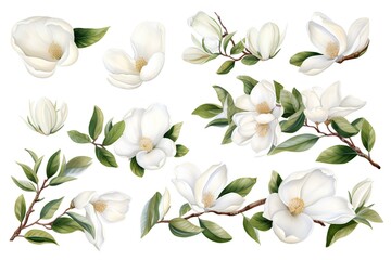 Magnolia flowers set. White magnolia flowers with leaves isolated on white background. Vector illustration. - obrazy, fototapety, plakaty