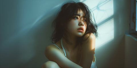 Pretty Asian girl feeling sad and depressed near window