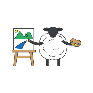 Sheep and easel with paints. Hand drawn vector illustration.