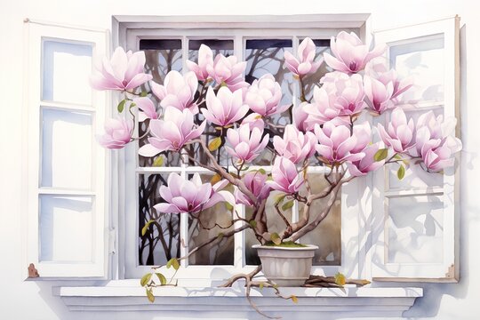 Magnolia flowers in front of the window. Spring season concept.