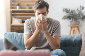 Young man suffering from runny nose or nasal blocking. Common cold or flu patient with rhinitis - obrazy, fototapety, plakaty