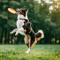 Border Collie dog catching freesbee at the park
