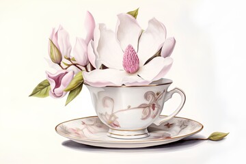 Obraz na płótnie Canvas Beautiful porcelain cup with magnolia flowers. Watercolor illustration