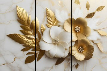 Home panel wall art three pieces, golden marble with golden, white flowers and leaves and feather silhouette