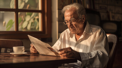Elderly Man Reading Newspaper in Morning Light