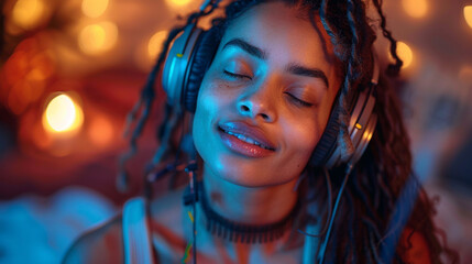 Smiling brunette model in stylish black headphones lost in music in a studio