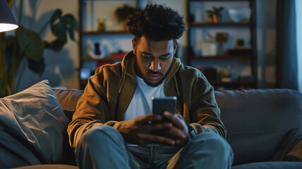 Upset Young Man Using Smartphone at Home