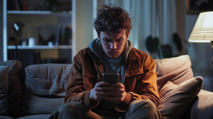 Upset Young Man Using Smartphone at Home