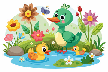 Charming cartoon duck bird surrounded by blooming flowers.
