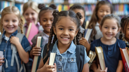 Schoolchildren Smiling in Library