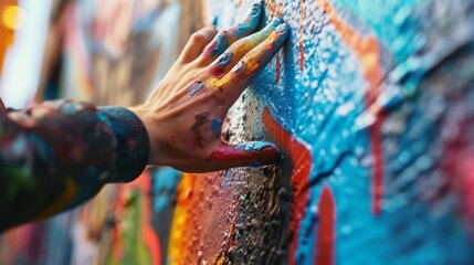 Fototapeta na wymiar A street artists smooth paintcovered fingers as they delicately create a masterpiece on a graffiticovered wall. .