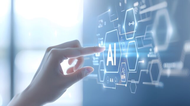 A hand touching the word AI on an interactive screen, surrounded by hexagons in shades of blue and white, representing artificial intelligence technology