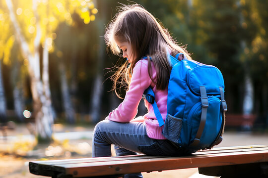 Unhappy and sad schoolgirl sitting on wooden bench in the park - Powered by Adobe