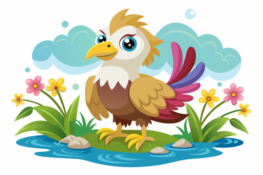 An adorable eagle cartoon character exudes charm while surrounded by vibrant flowers.