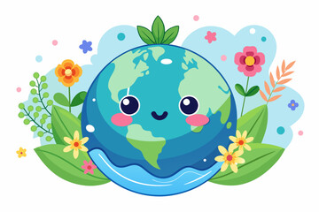 Fototapeta premium Earth in cartoon form with flowers on a white background.