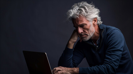 Contemplative Senior Man with Laptop Against Black Backdrop