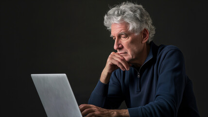 Contemplative Senior Man with Laptop Against Black Backdrop