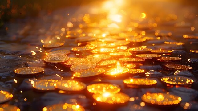 In the golden sunlight, scattered on a stone road, there were many gold coins shining with light and sparkling like diamonds.
