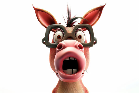 3d rendering of a surprised donkey wearing horn-rimmed glasses