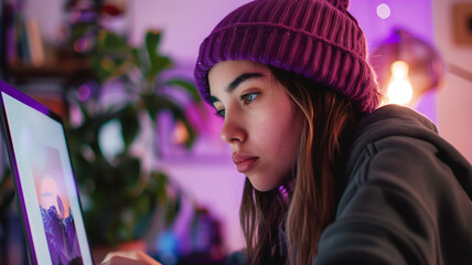 Teenage Girl Engrossed in Screen