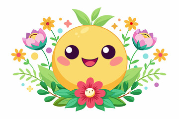 A charming emoji face adorned with vibrant flowers against a pristine white backdrop.