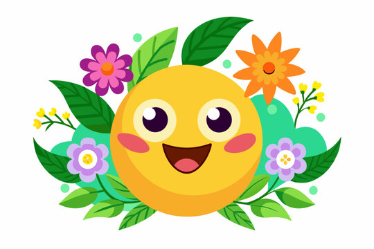A charming emoji with flowers adorns a white background.