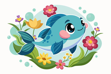 Naklejka premium Charming fish cartoon animal with colorful flowers adorns a white background.