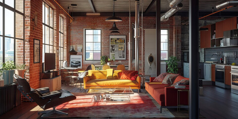 Industrial Loft: An Urban Interior with Exposed Brick Walls and Metal Fixtures, Symbolizing Urbanity, modern