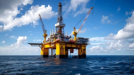 A oil platform in the middle of an ocean, with a sky blue. The oil rig stands tall on its base with several colorful lights shining brightly against the backdrop of deep blues and whites. 