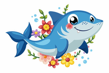Fish shark animal cartoon charming with flowers.