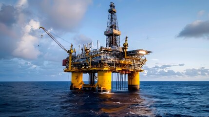 A oil platform in the middle of an ocean, with a sky blue. The oil rig stands tall on its base with several colorful lights shining brightly against the backdrop of deep blues and whites. 