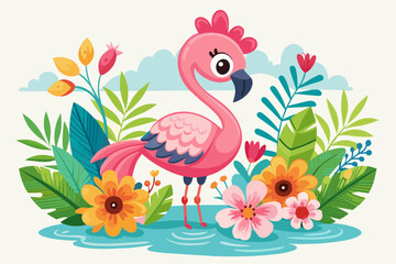Fototapeta premium A charming cartoon flamingo poses gracefully amidst vibrant flowers, exuding elegance and playfulness.