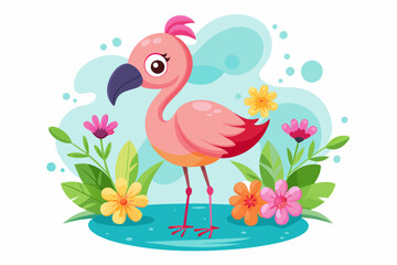 Charming flamingo cartoon with colorful flowers adorns its appearance.