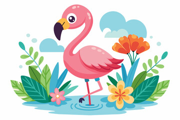 Charming flamingo cartoon adorned with vibrant flowers.
