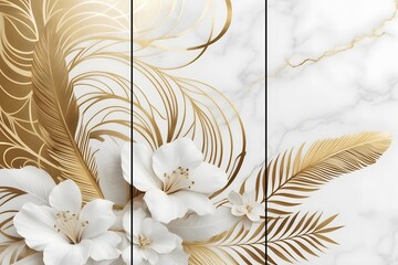 Home panel wall art three pieces, golden marble with golden, white flowers and leaves and feather silhouette