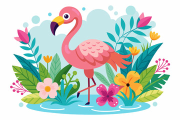 Charming cartoon flamingo with blooming flowers