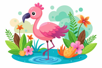 Charming flamingo cartoon character adorned with vibrant flowers.
