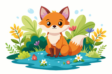 Fototapeta premium Charming fox cartoon character surrounded by vibrant flowers against a white background.