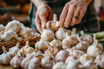 A hand grabbing a garlic from a pile on the table, kitchen spice food