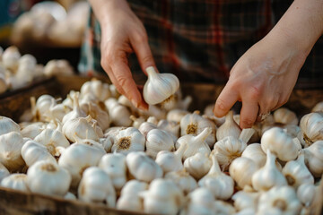 Fototapeta na wymiar A hand grabbing a garlic from a pile on the table, kitchen spice food