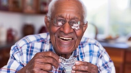 Elderly African American Man Applying Dental Adhesive on Dentures