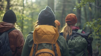 A group of weary travelers pauses for a moment gazing into the heart of the woods with a mix of fear and fascination. backs . .