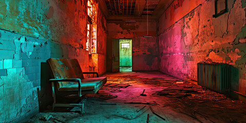 Haunted Asylum Ward: A Haunted-style Interior with Abandoned Hospital Furniture and Eerie Atmosphere, Conveying Horror 