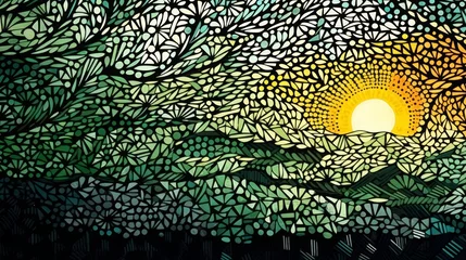 Crédence de cuisine en verre imprimé Olive verte Dots and lines - stylized landscape image of a sunset behind green hills