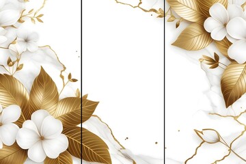 Home panel wall art three pieces, golden marble background with golden, white flowers and leaves silhouette