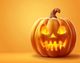 Funny evil pumpkin smiling on orange background. Halloween joyful decorative banner, with copy space,