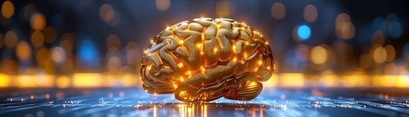 Golden brain with neural networks illuminated, symbolizing the cognitive processes involved in research and discovery - obrazy, fototapety, plakaty