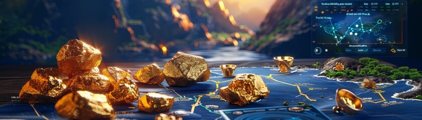 Physical gold nuggets scattered on a map next to a digital map with GPS coordinates of gold deposits, Depicting the integration of traditional and digital tools in geological exploration - obrazy, fototapety, plakaty