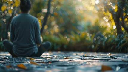 Defocused background image of a person sitting in a peaceful garden representing the importance of mental health in achieving a state of mindfulness and wellbeing. .